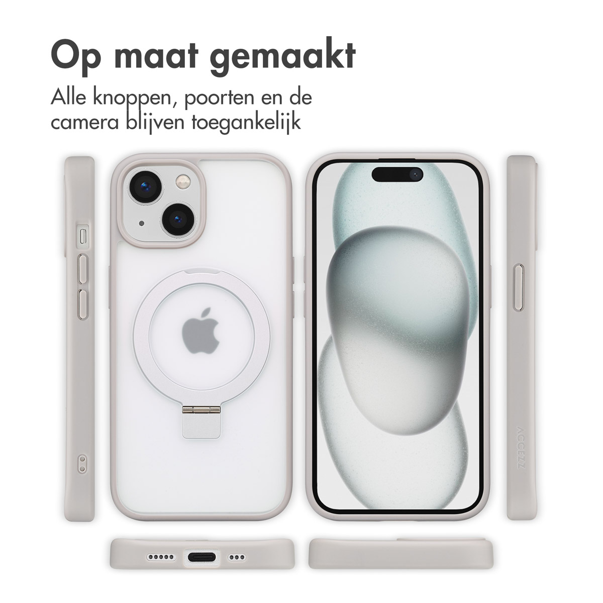 Een telefoon met hoesje, AirTag en verschillende zijaanzichten. Tekst: 'Op maat gemaakt' (op maat gemaakt) in het Nederlands.