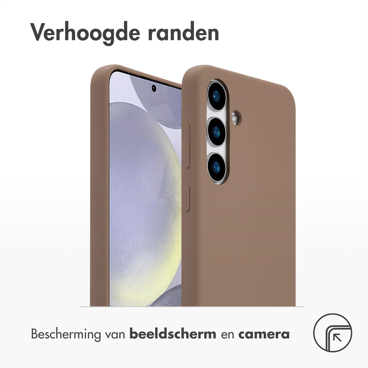 Coque de téléphone marron avec téléphone, montrant l'avant et la caméra. Texte : Bords surélevés. Protection pour écran et caméra.