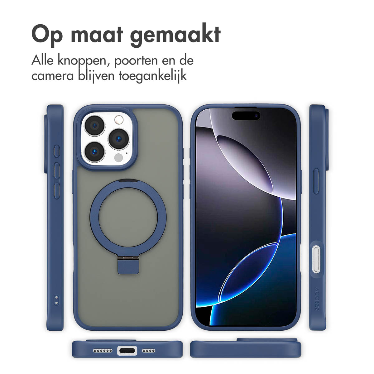 Coque de téléphone avec téléphone. Coque bleue avec cercle. Écran noir.