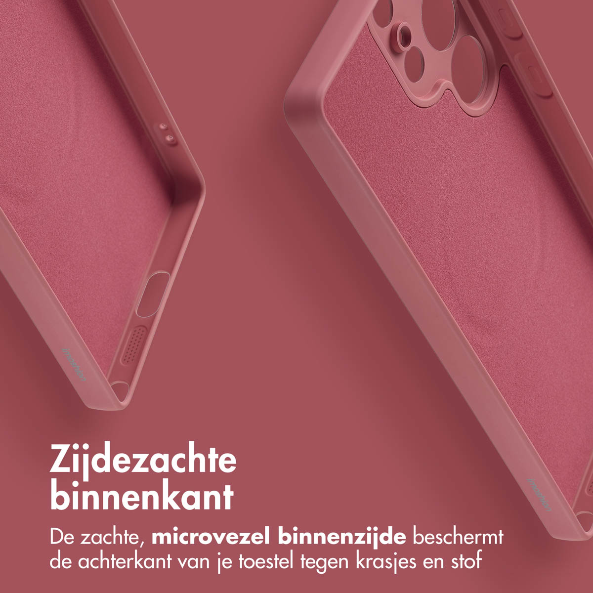 Telefoonhoesje met een zachte binnenkant, in een roze kleur. De achtergrond is roze.