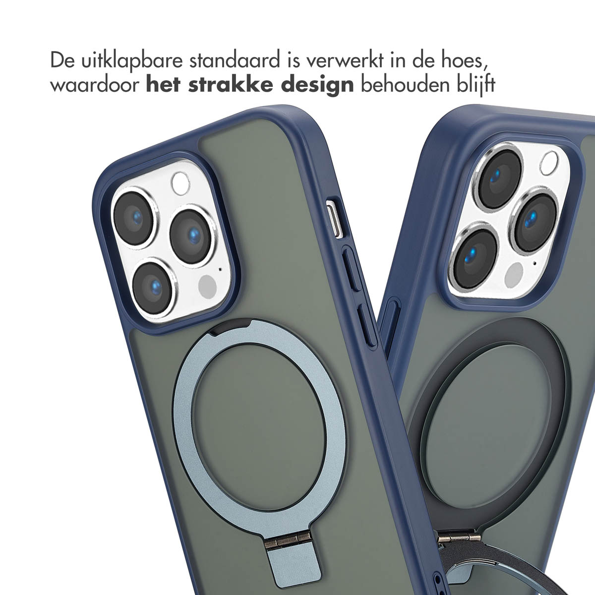 Deux téléphones dans des étuis bleus, un support en forme d'anneau et un téléphone gris foncé, design des étuis visible.