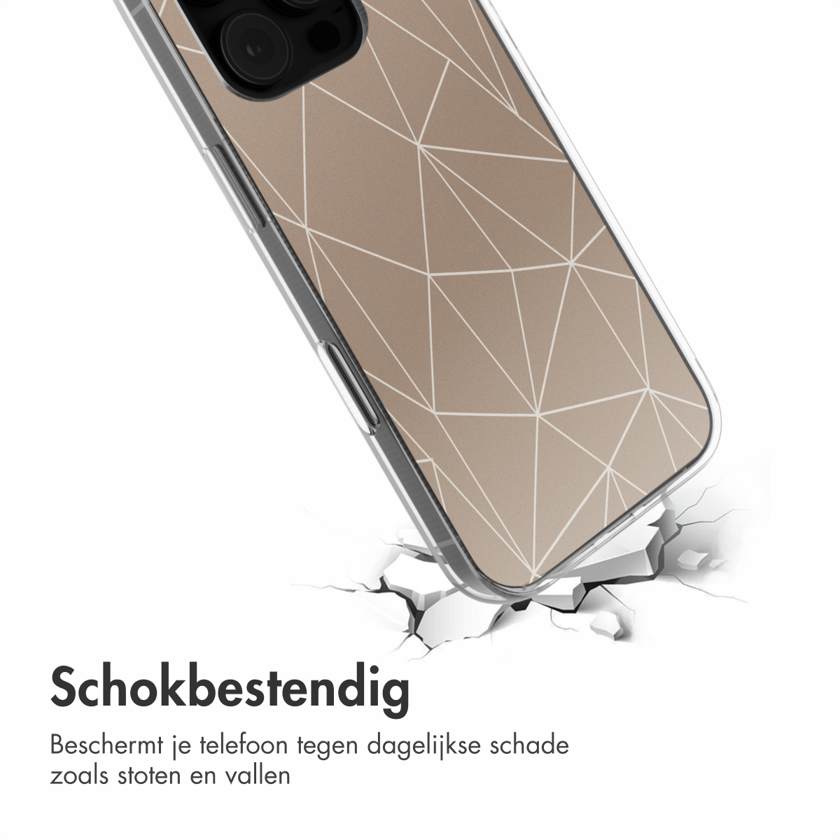 Een telefoonhoesje met een geometrisch ontwerp dat een oppervlak kraakt. De hoes is beige en wit.