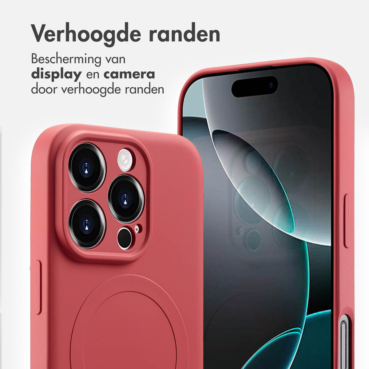 Twee rode telefoonhoesjes. Eén staat vooraan en toont de camera en de zijkant van de telefoon.