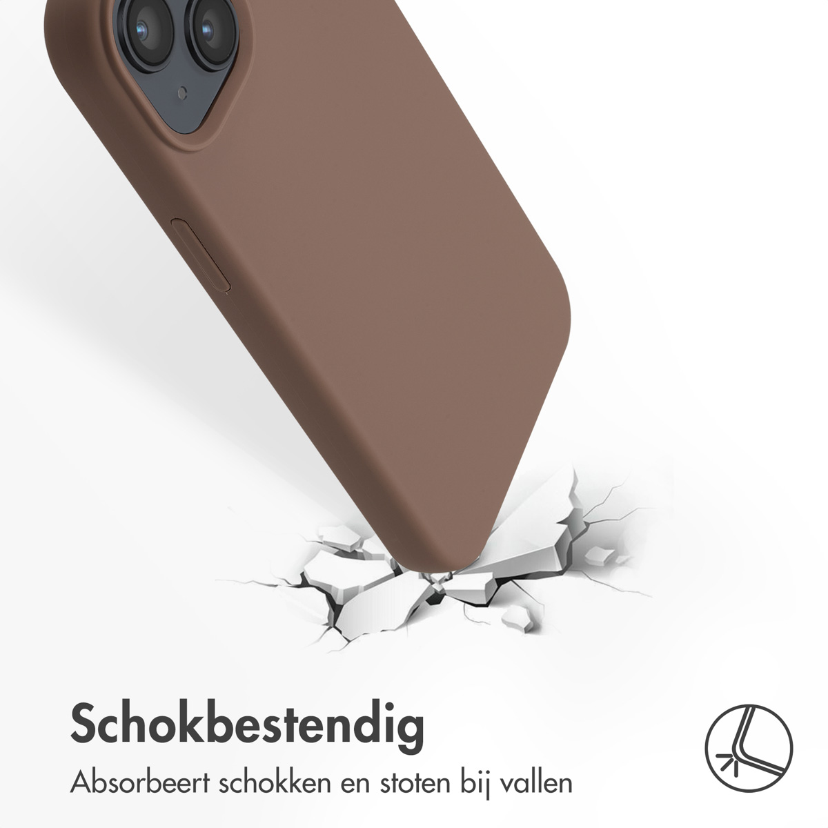Un étui de téléphone marron tombe sur une surface blanche, la fissurant. Texte : Antichoc. Absorbe les chocs à l'impact.