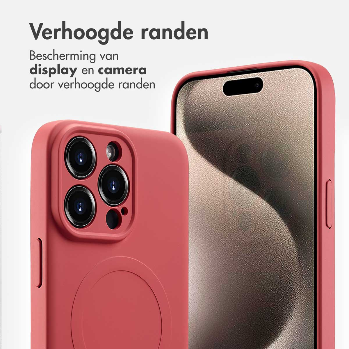 Telefoonhoesje met rode kleur en verhoogde randen. De telefoonhoes heeft een ring.
