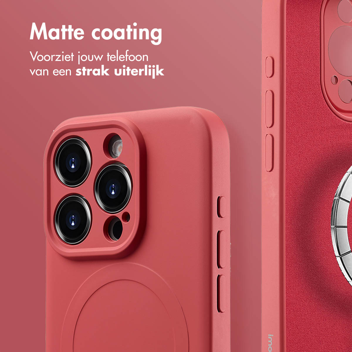 Deux coques de téléphone, une corail avec un support à anneau et une rouge, avec un fond blanc.
