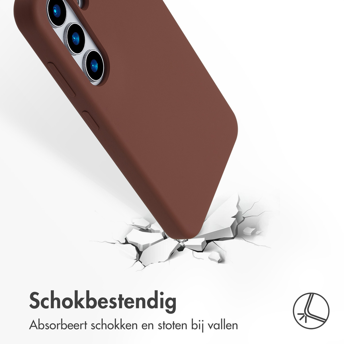 Braune Handyhülle, die herunterfällt und den Boden zerbricht. Text: Stoßfest. Absorbiert Stöße und Stürze.
