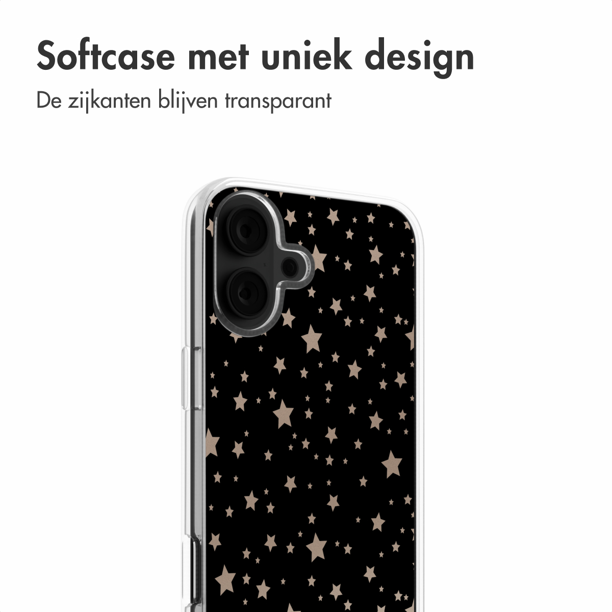 Close-up van een zwarte telefoonhoes met gouden sterren. De camera van de telefoon is zichtbaar.