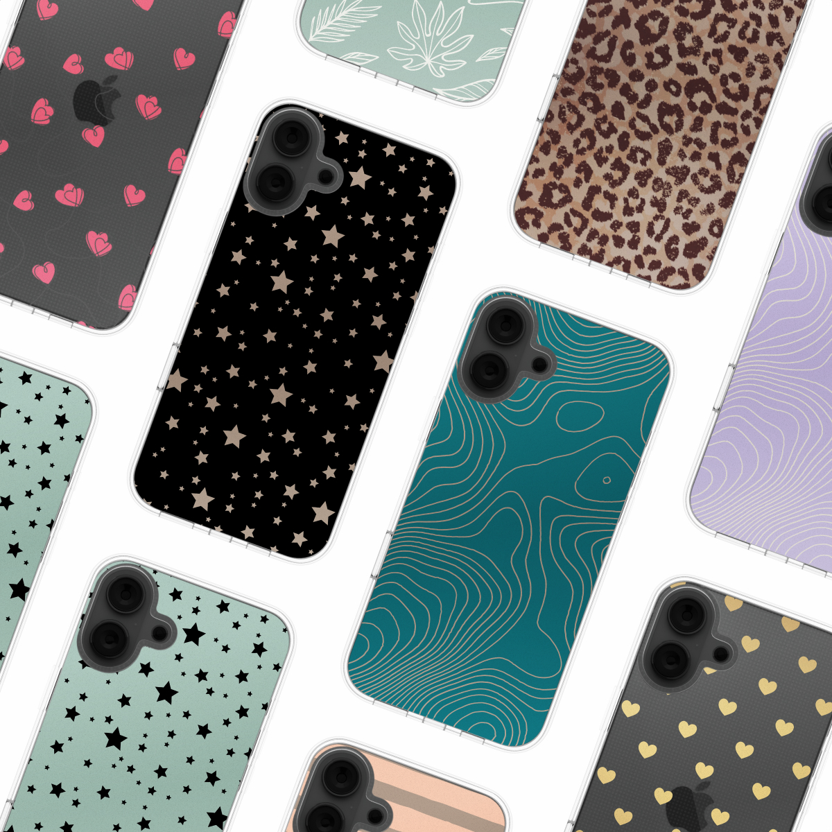 Verschillende telefoonhoesjes met verschillende patronen. Harten, sterren en lijnen.