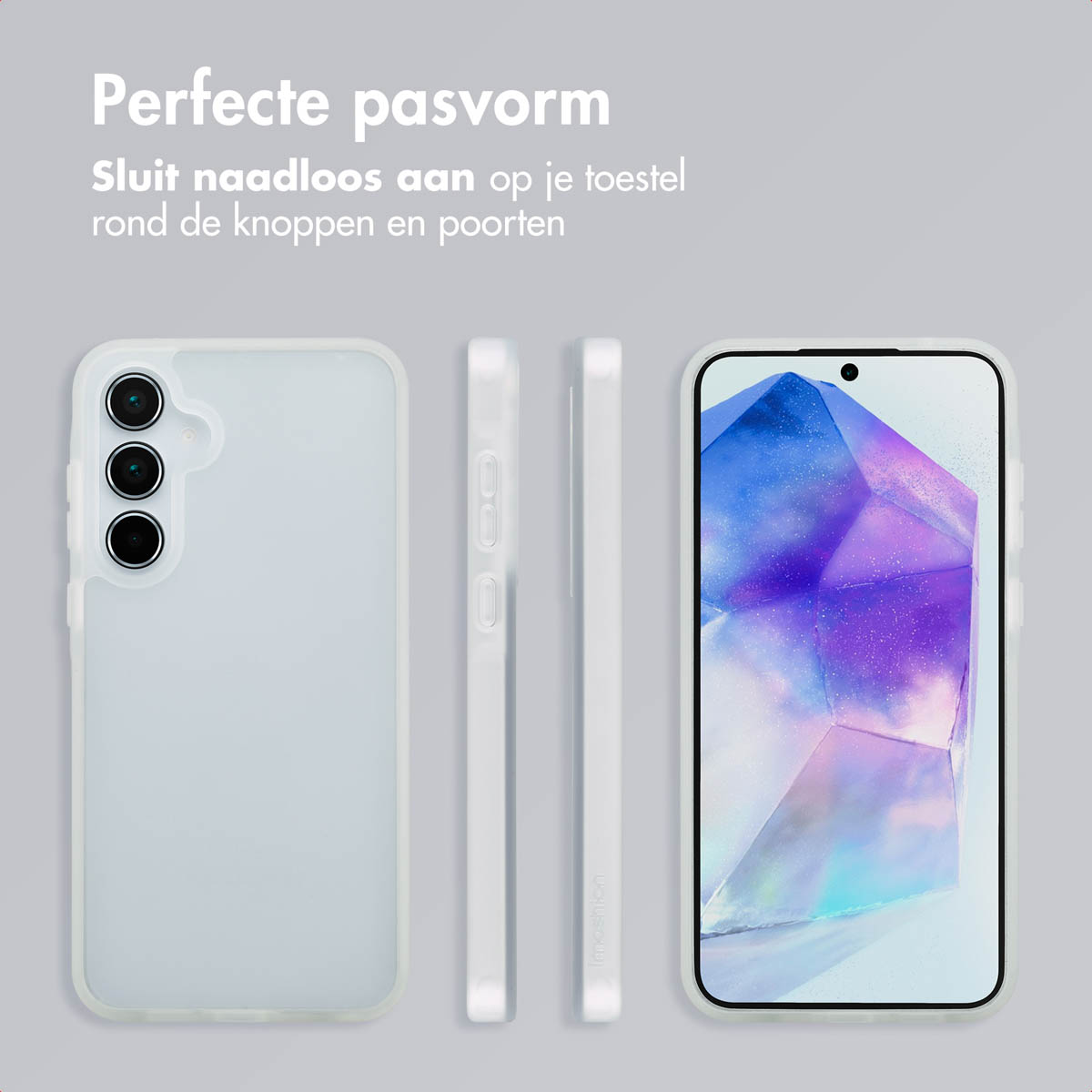 Trois étuis de téléphone, blancs, montrant le profil du téléphone. L'un montre le côté, l'autre le dessus, le téléphone.