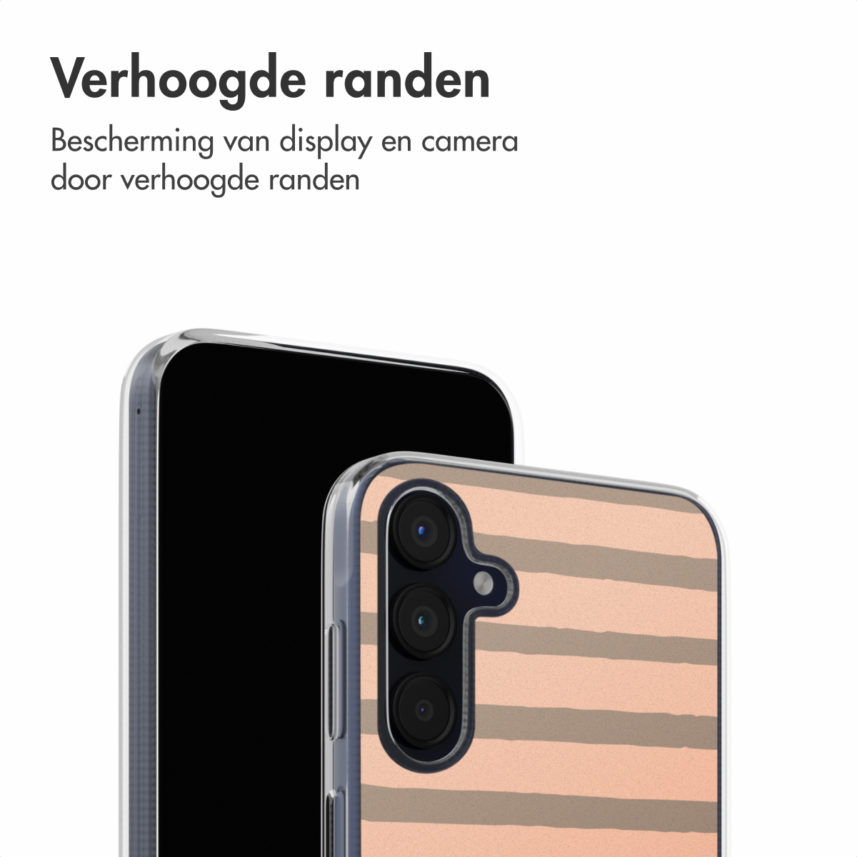 Coque avec bords surélevés, protégeant caméra et écran. Blanche avec un motif rayé.