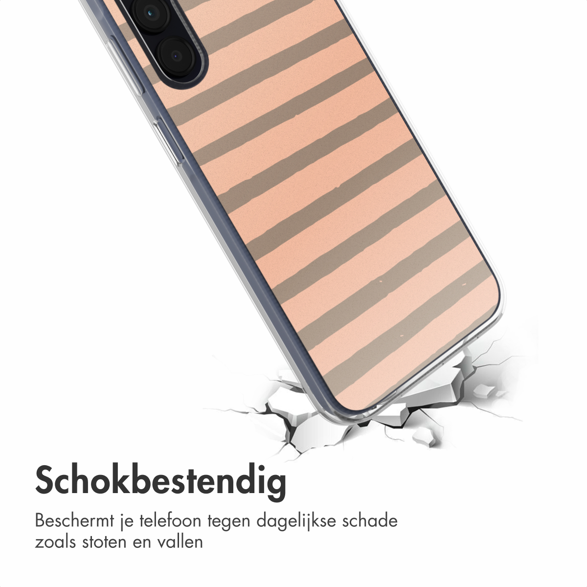 Coque de téléphone à rayures. Le téléphone tombe et la coque se casse.