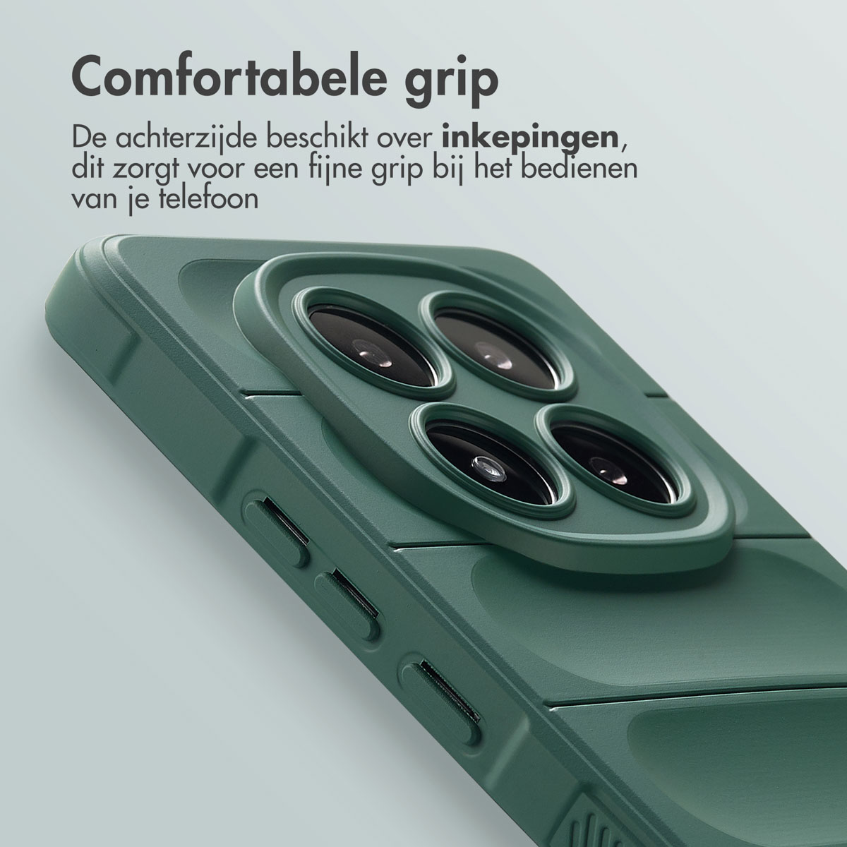 Groene telefoonhoes met getextureerde achterkant, camera-uitsparingen en zijknoppen. Duurzaam en beschermend.