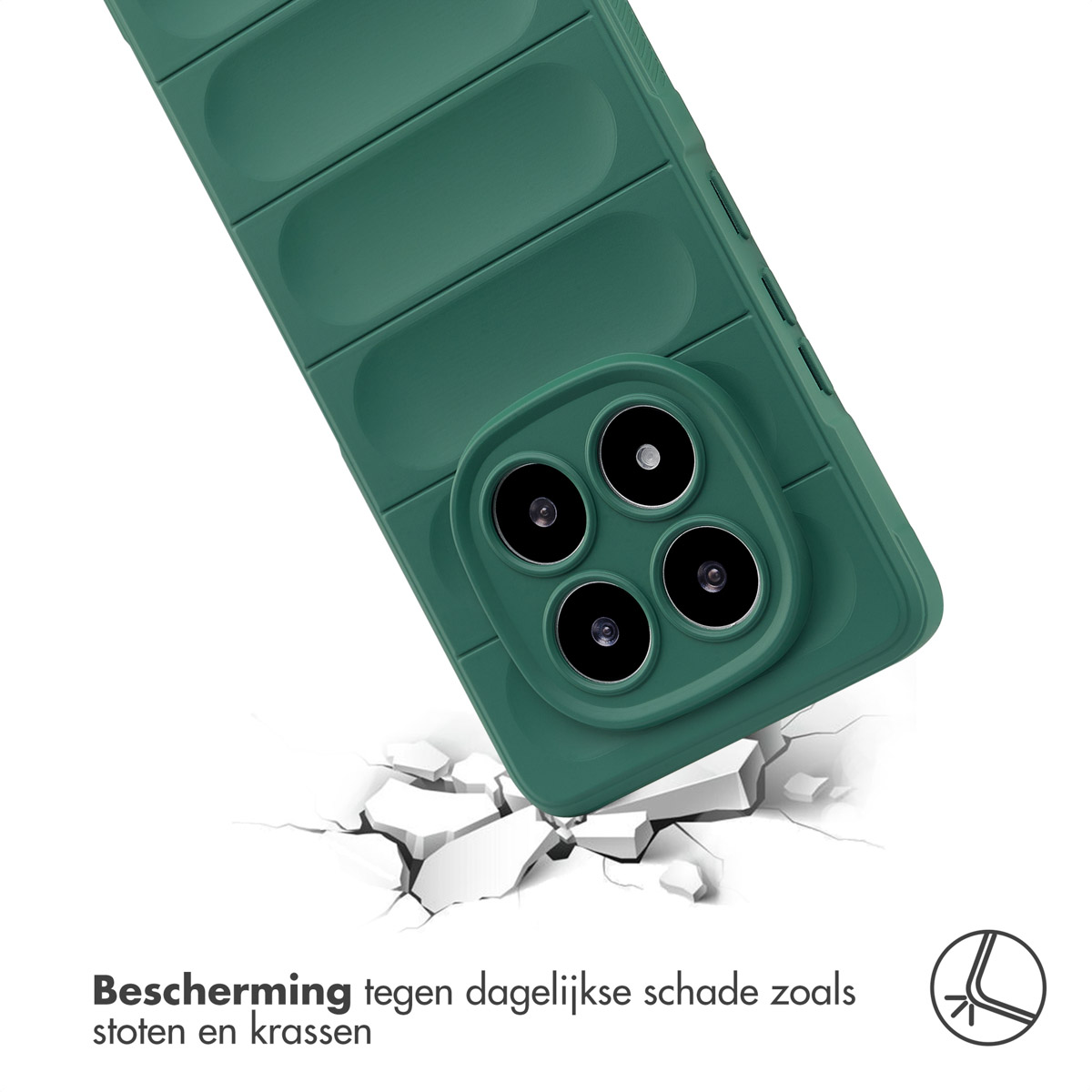 Een groen telefoonhoesje op een verbrijzeld oppervlak. Tekst: 'Bescherming tegen dagelijkse schade zoals stoten en krassen'.