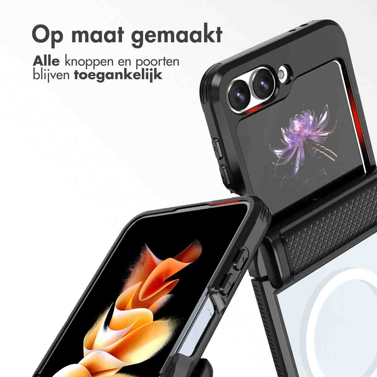 Zwart telefoonhoesje met uitsparingen voor de camera. De hoes heeft een standfunctie en is open.
