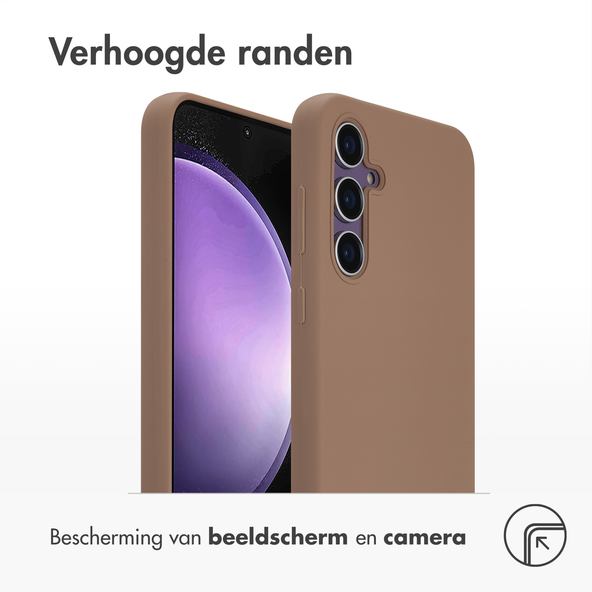 Bruine telefoonhoes met telefoon erin. Hoes beschermt scherm en camera. De telefoon is bruin.