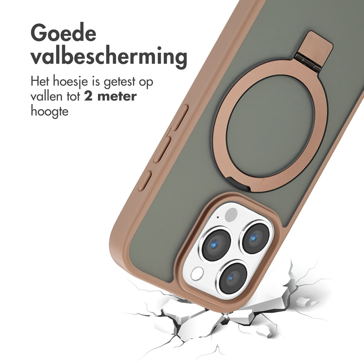 Telefoonhoesje met ring en tekst 'Goede valbescherming'. De telefoon lijkt te vallen.
