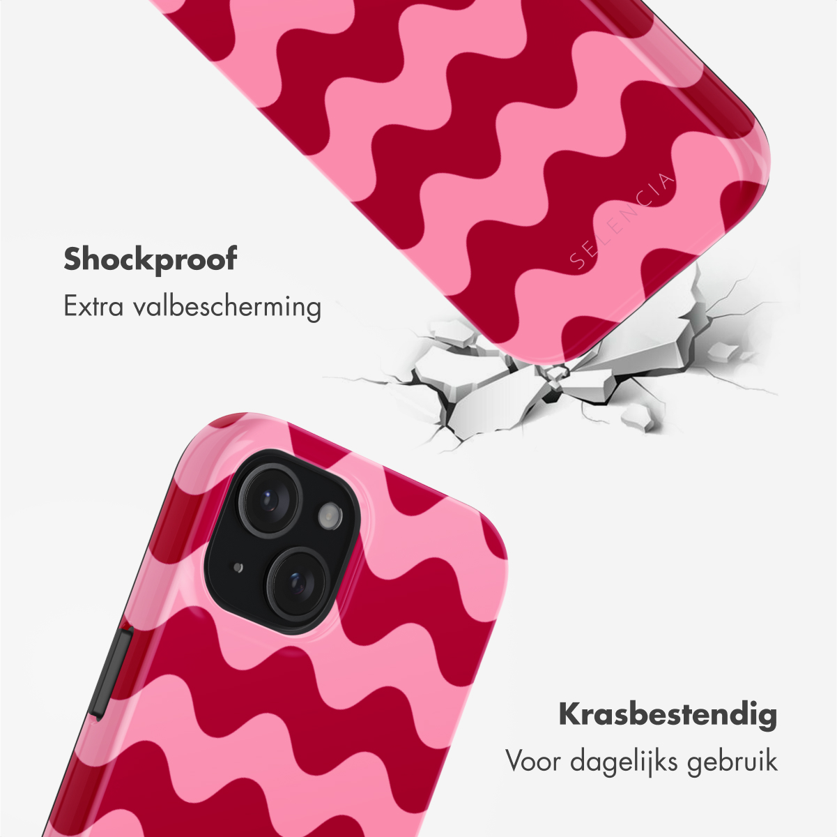 Two pink phone cases with wavy patterns. One is falling. The background is white with cracked effect.