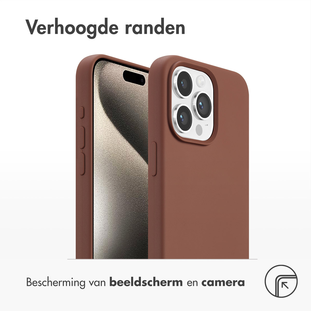 Bruine telefoonhoes met verhoogde randen. Een telefoon zit erin, beschermt het scherm en de camera.