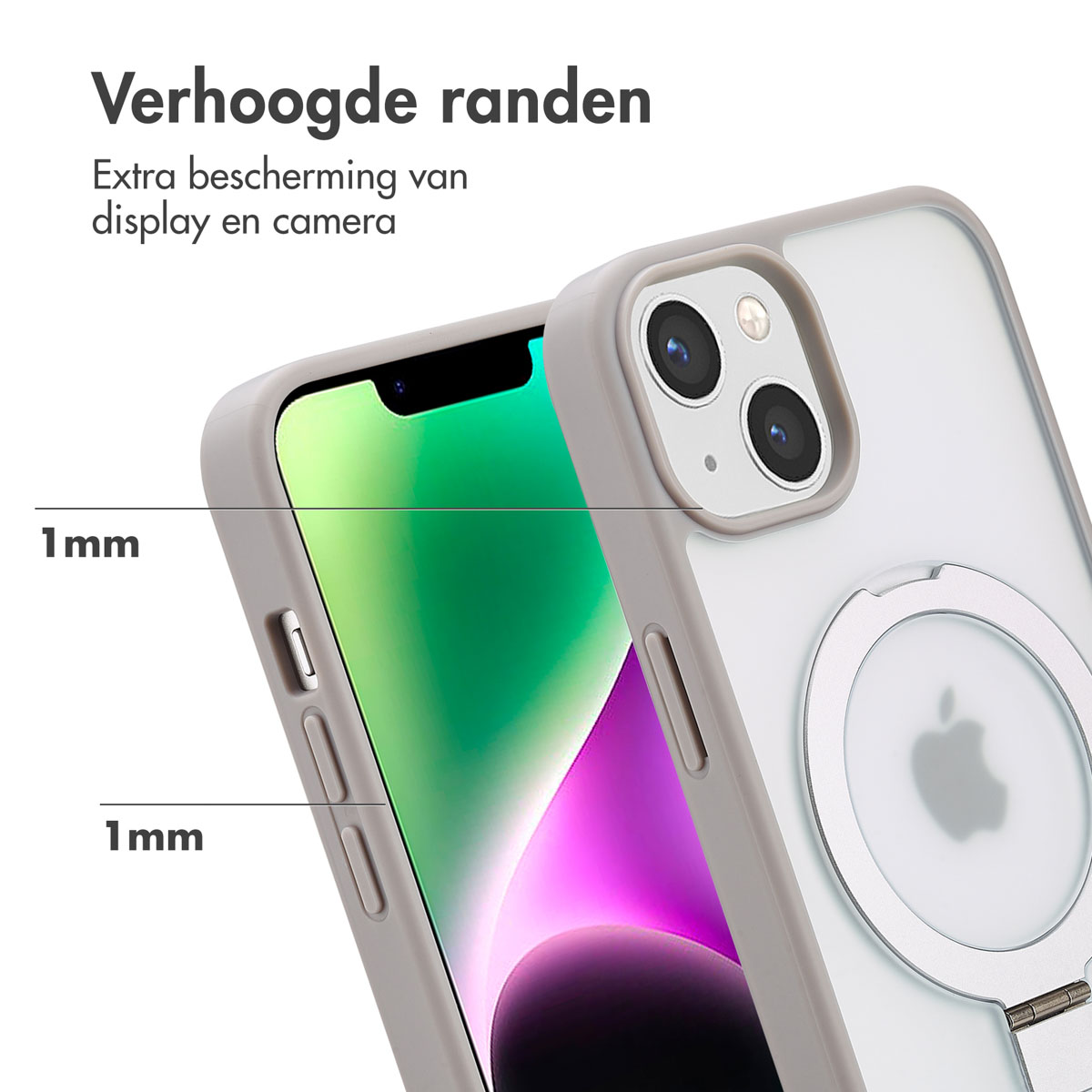 Telefoonhoesje op telefoon, wit met een ring. Tekst: Verhoogde randen. Achtergrond is wit.