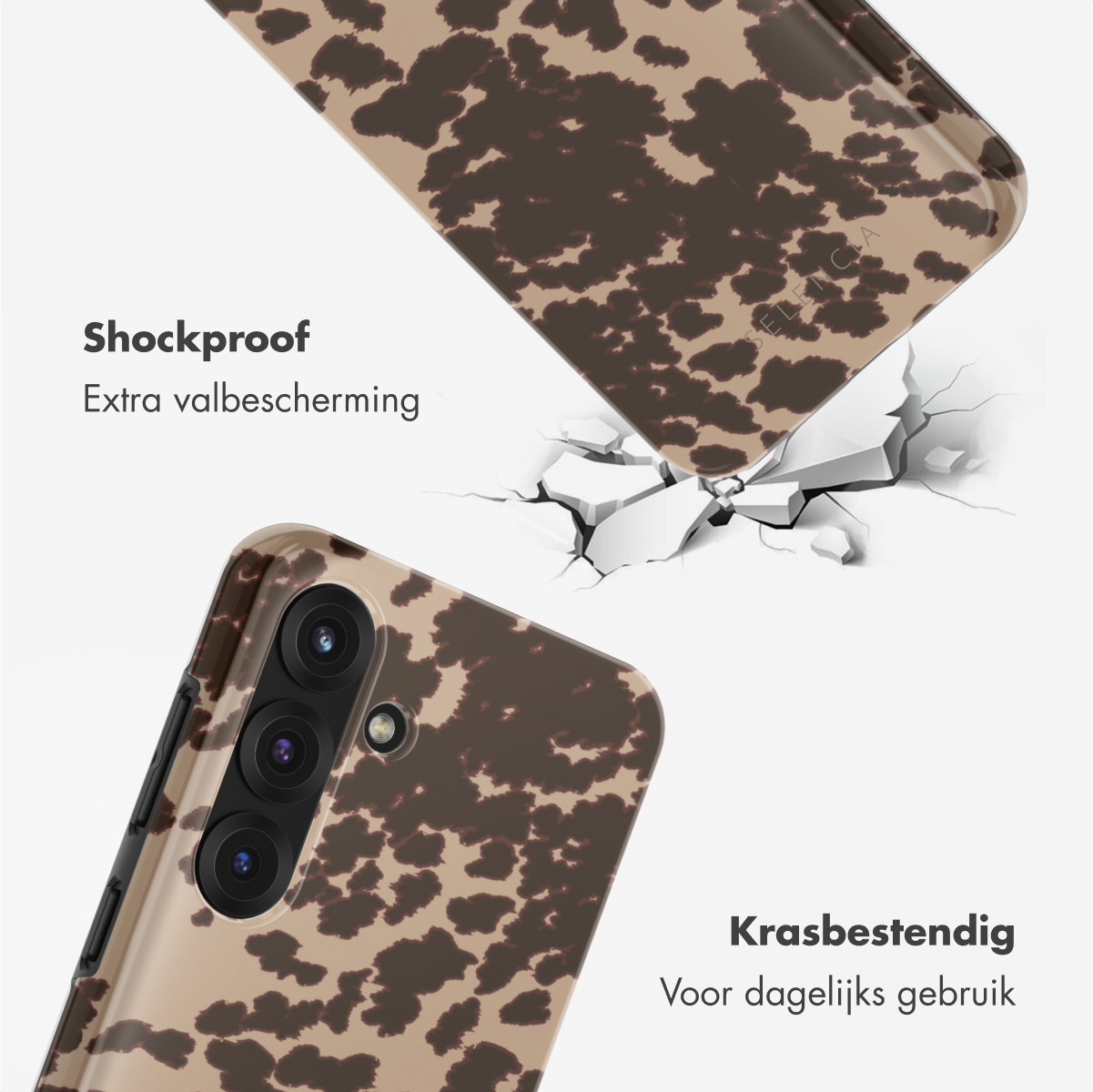 Bruin telefoonhoesje met patroon. Een telefoonhoesje is gebroken. De tekst luidt 'Schokbestendig'.