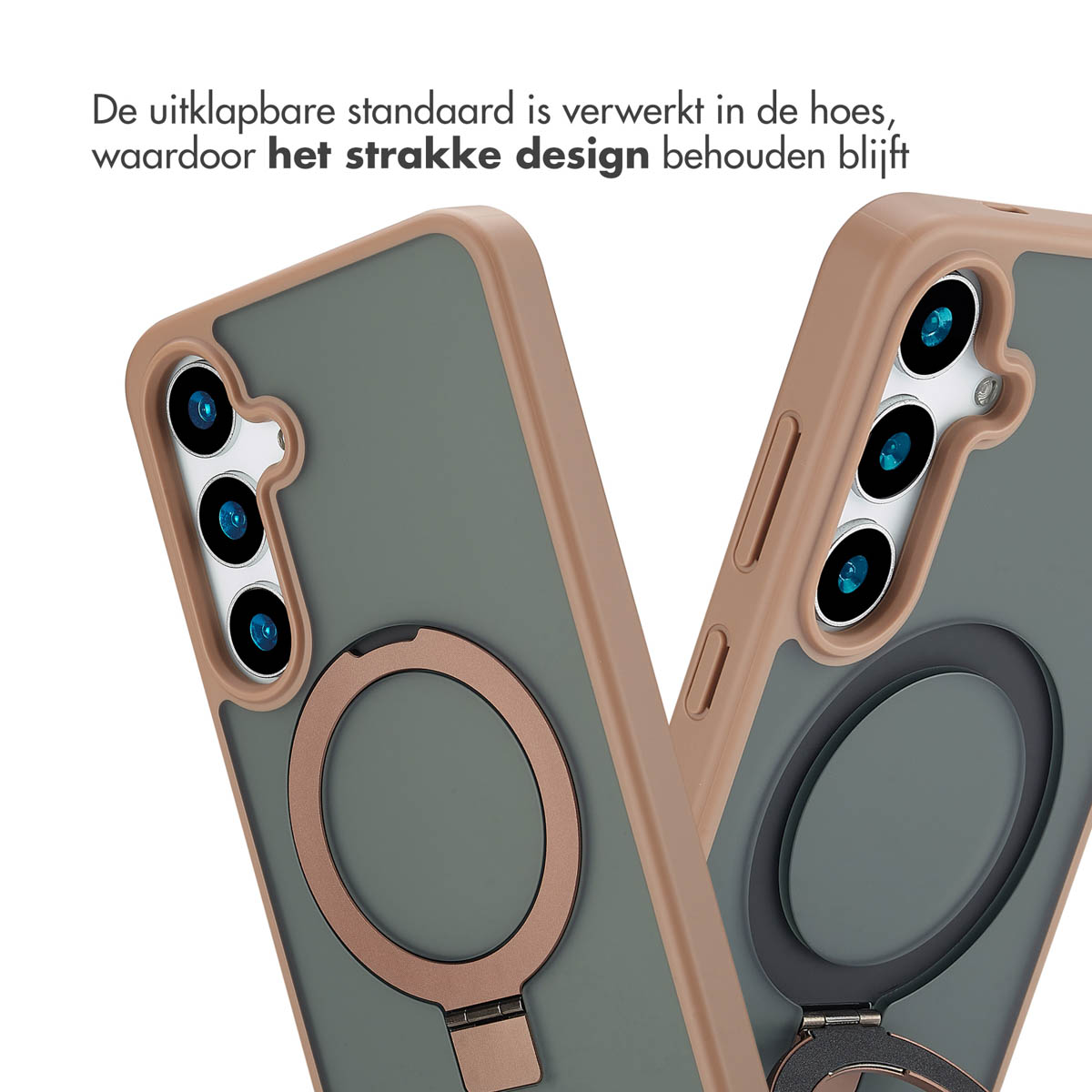 Deux téléphones avec étuis. Les deux ont des supports de bague. Un étui a un cadre marron, l'autre noir.