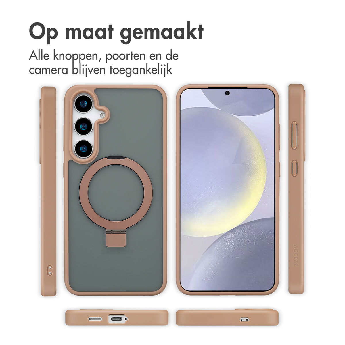 Coque de téléphone avec support et composants supplémentaires. Texte : Fabriqué sur mesure. Tous les boutons, ports et la caméra restent accessibles.