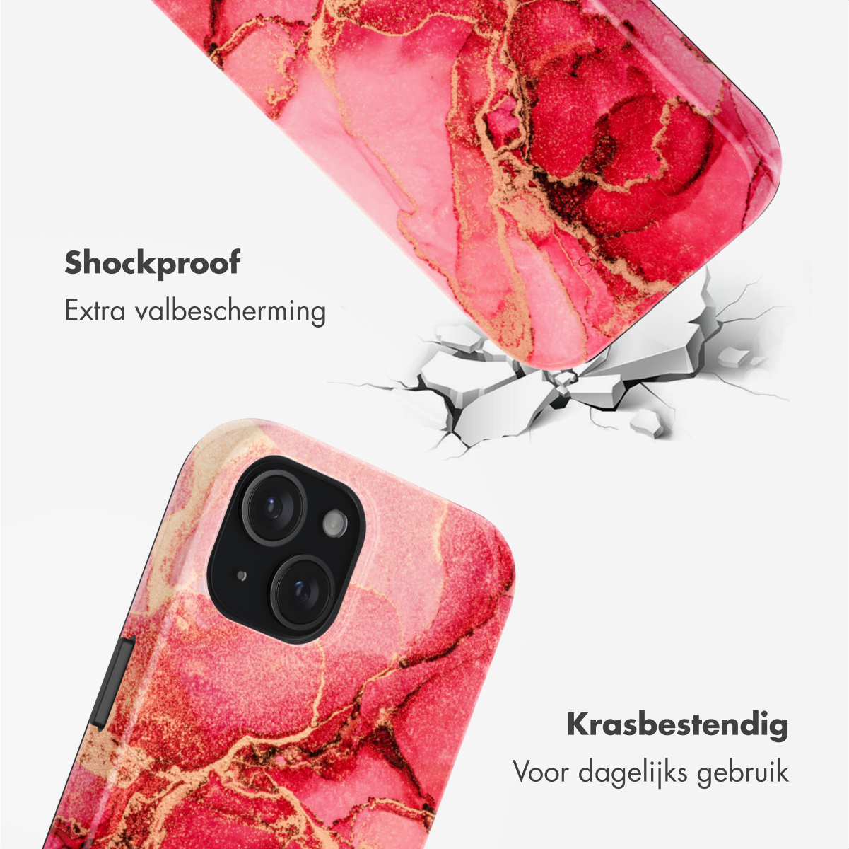 Two phone cases with a red and gold marble effect, one falling. White background with cracked effect.