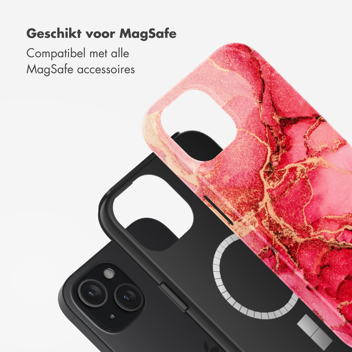 Two phone cases: one black, one red-pink marble design, with a phone.