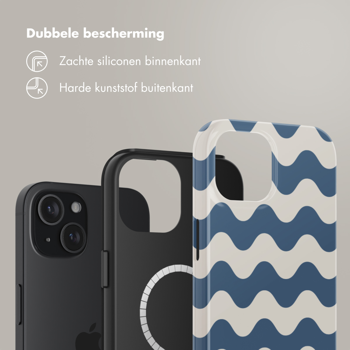 Multiple phone cases. Black cases, with a wave pattern case. The phone has a dual protection.