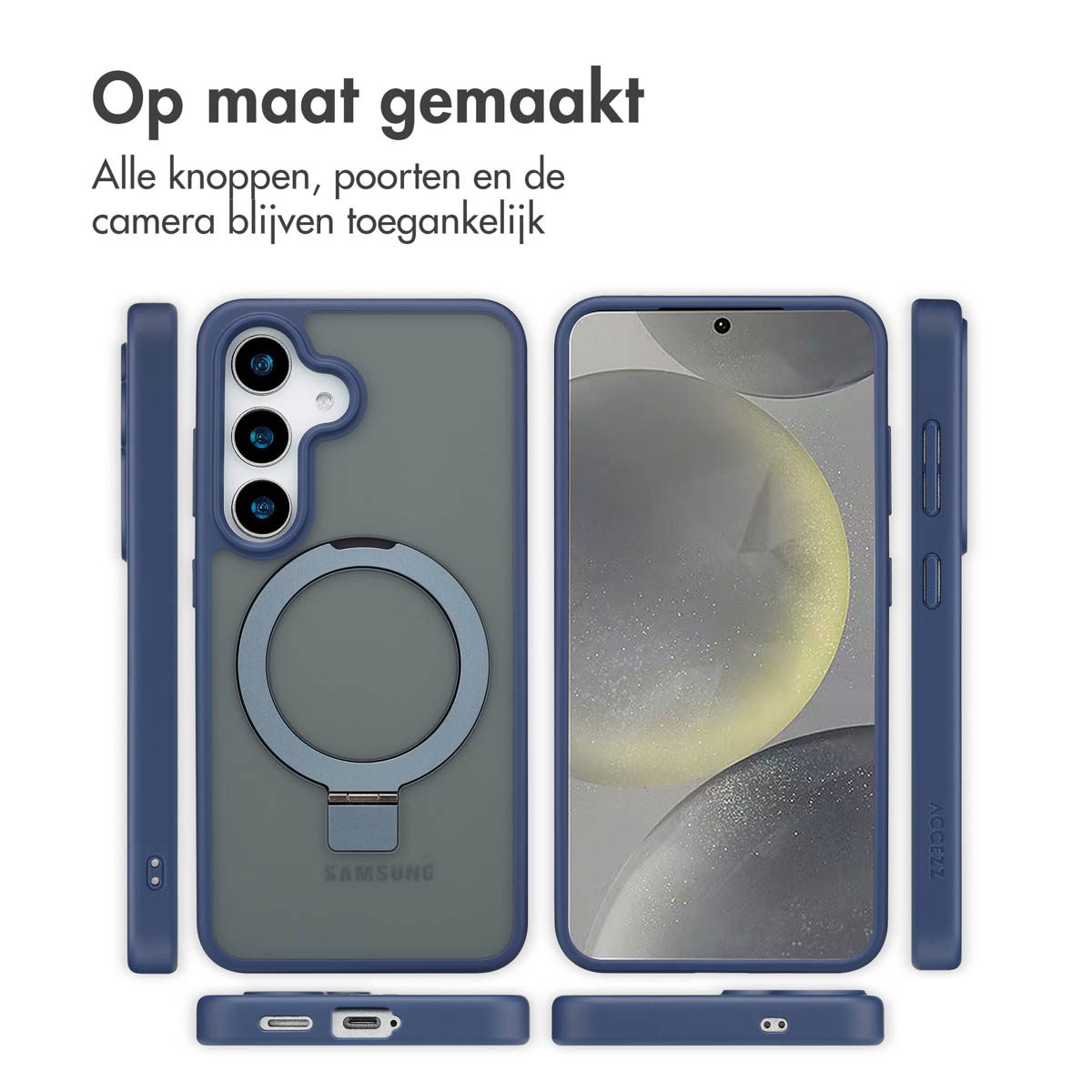 Telefoon in een blauwe hoes met een ringhouder. De hoes en telefoon staan op een witte achtergrond.