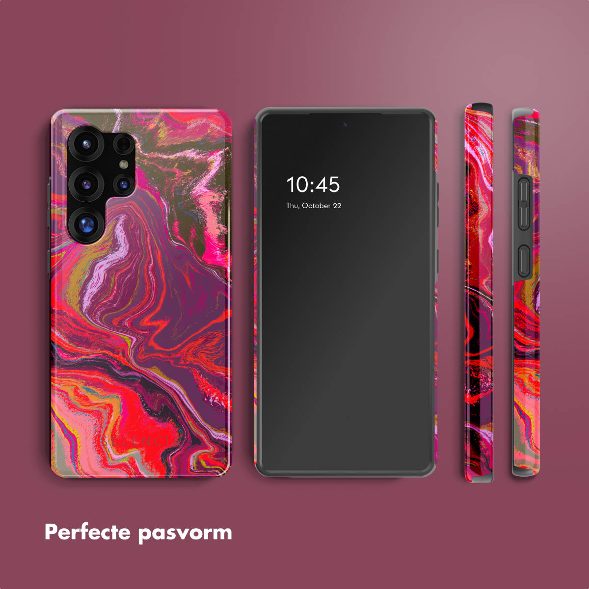 Drie telefoons. De hoesweergave, de telefoon en de zijaanzicht van de hoes. Rode, roze en paarse kleuren op een donkere achtergrond.