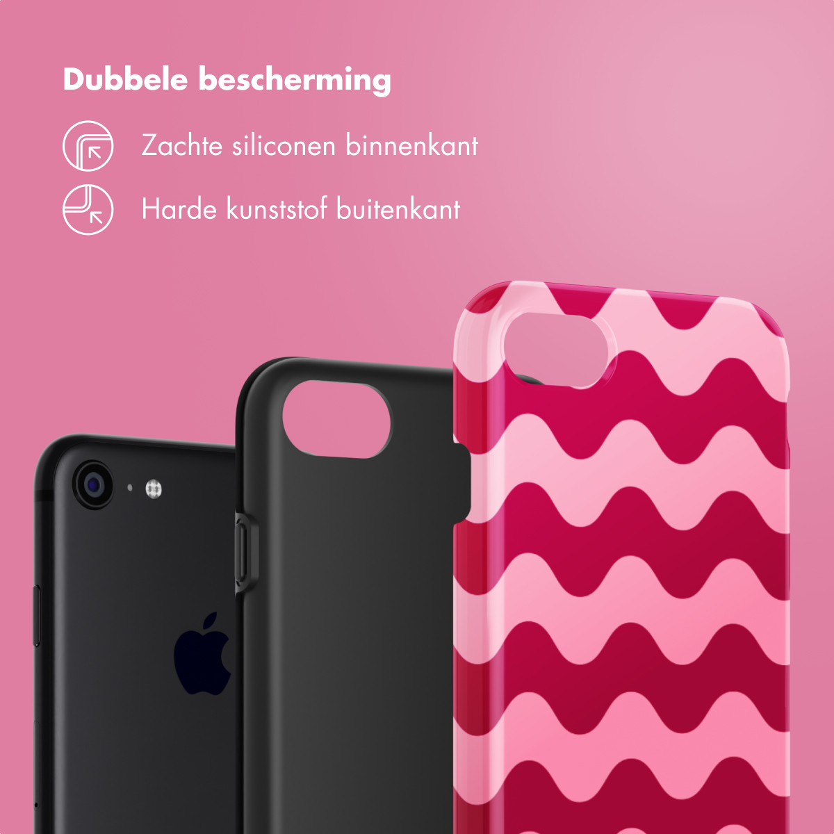 Drie telefoonhoesjes. Eén zwarte met een Apple-logo, één zwarte en één met een golvend roze patroon. Text: Dubbele bescherming.