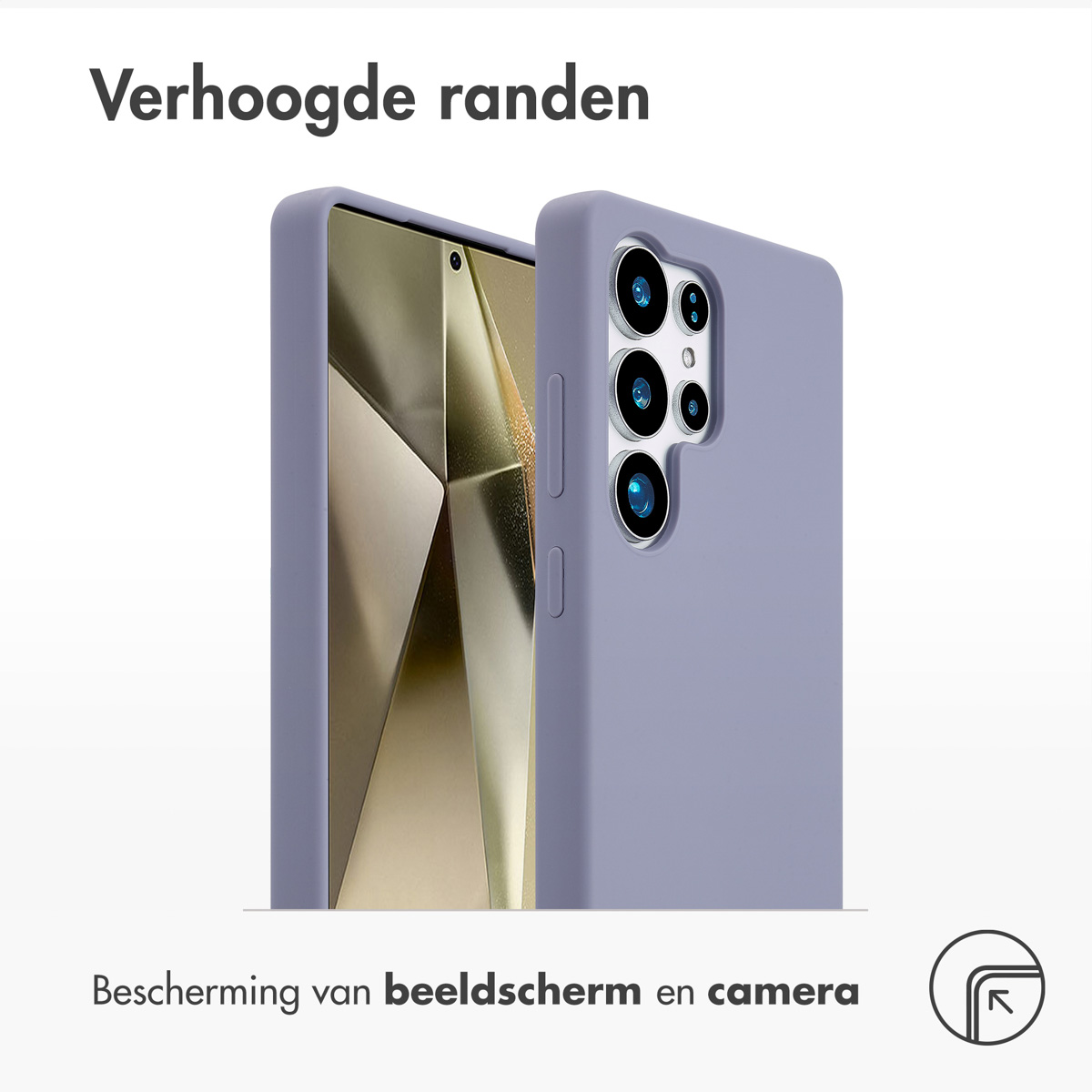 Een lila telefoonhoes beschermt een telefoon. Tekst zegt 'Verhoogde randen', 'Bescherming van scherm en camera'.