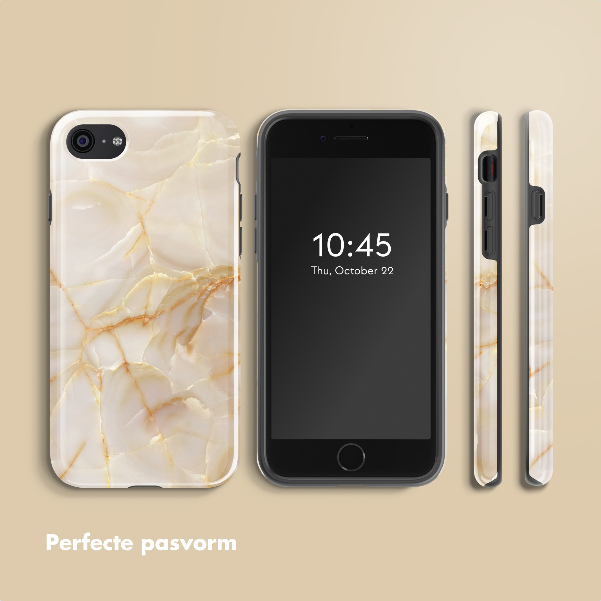 Telefoonhoesjes met marmerpatroon. Een telefoon toont de tijd. De hoesjes worden vanuit meerdere hoeken getoond.