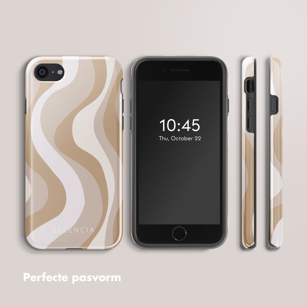 Telefoonhoesjes met een golvend patroon. Een telefoon toont de tijd. De hoesjes worden vanuit meerdere hoeken getoond.