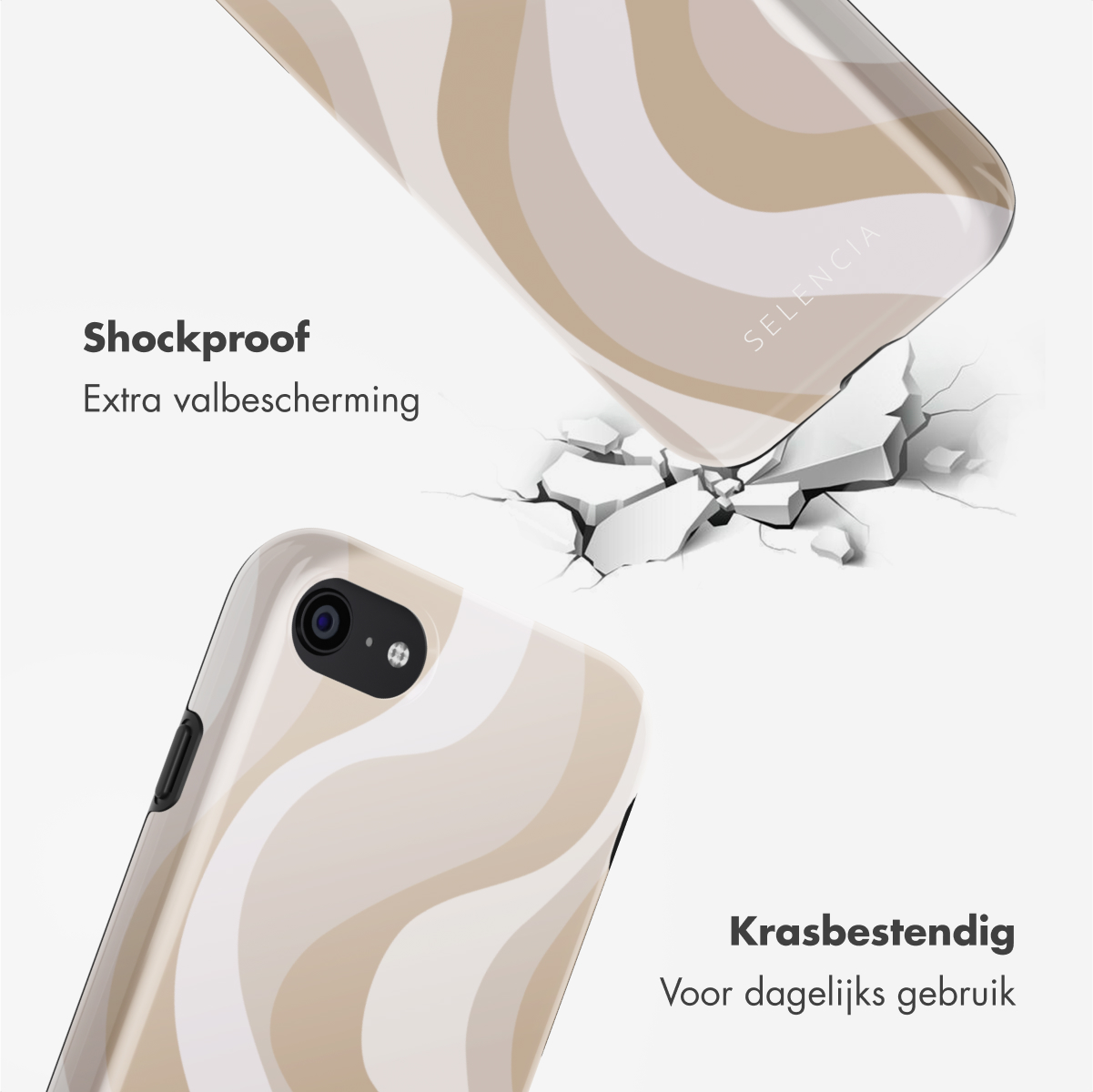 Een telefoonhoesje met een golvend patroon, dat een oppervlak breekt. De tekst zegt 'Schokbestendig' en 'Krasbestendig'.