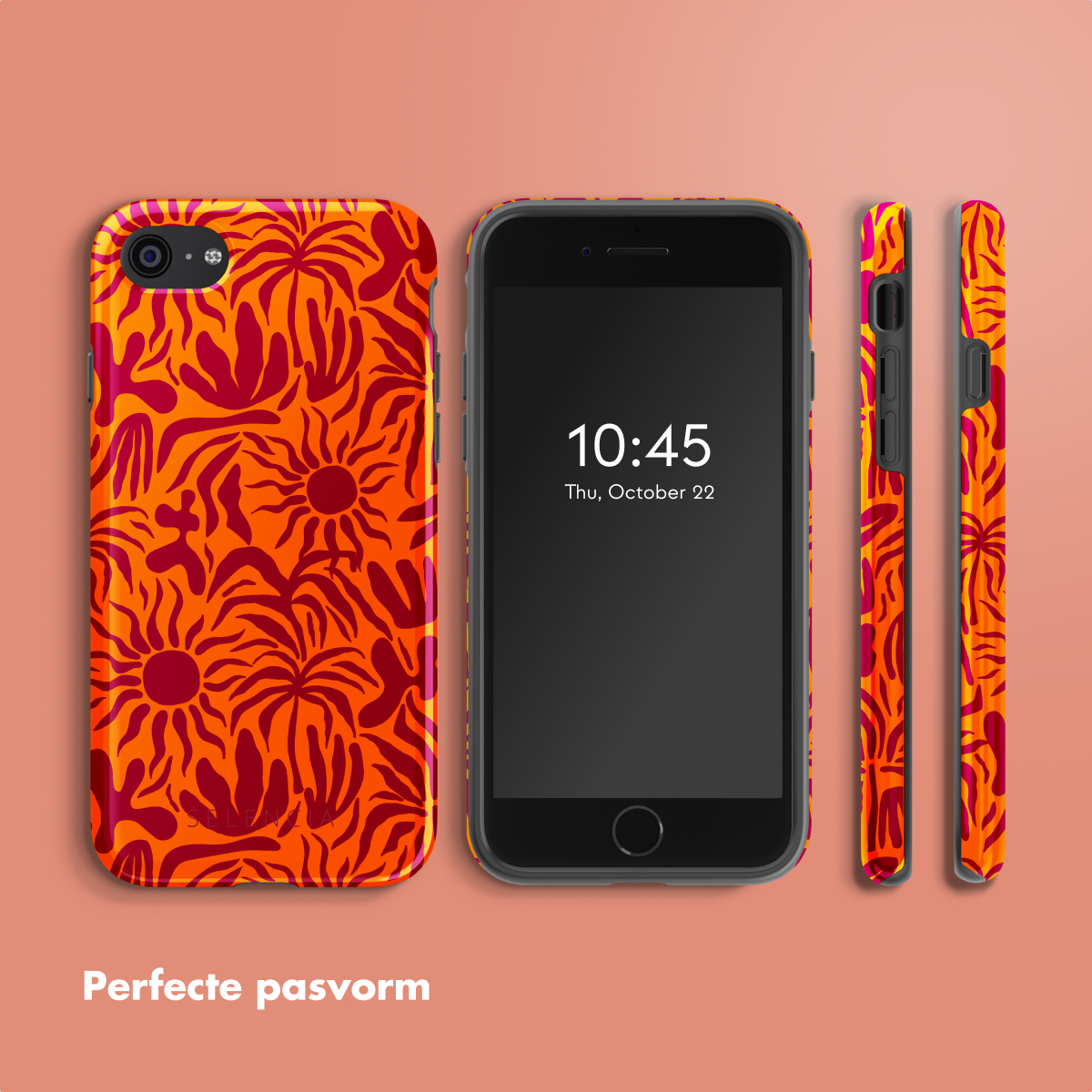 Een oranje telefoonhoesje met bloemenontwerp aan drie zijden, en de telefoon geeft de tijd weer.