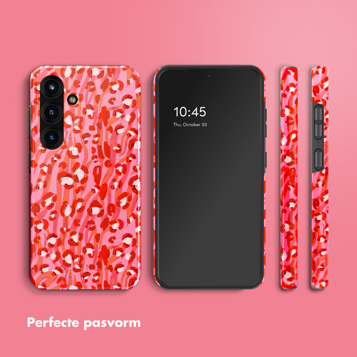 Roze telefoon met een roze patroonhoesje. De tijd is 10:45. De tekst luidt 'Perfecte pasvorm'.