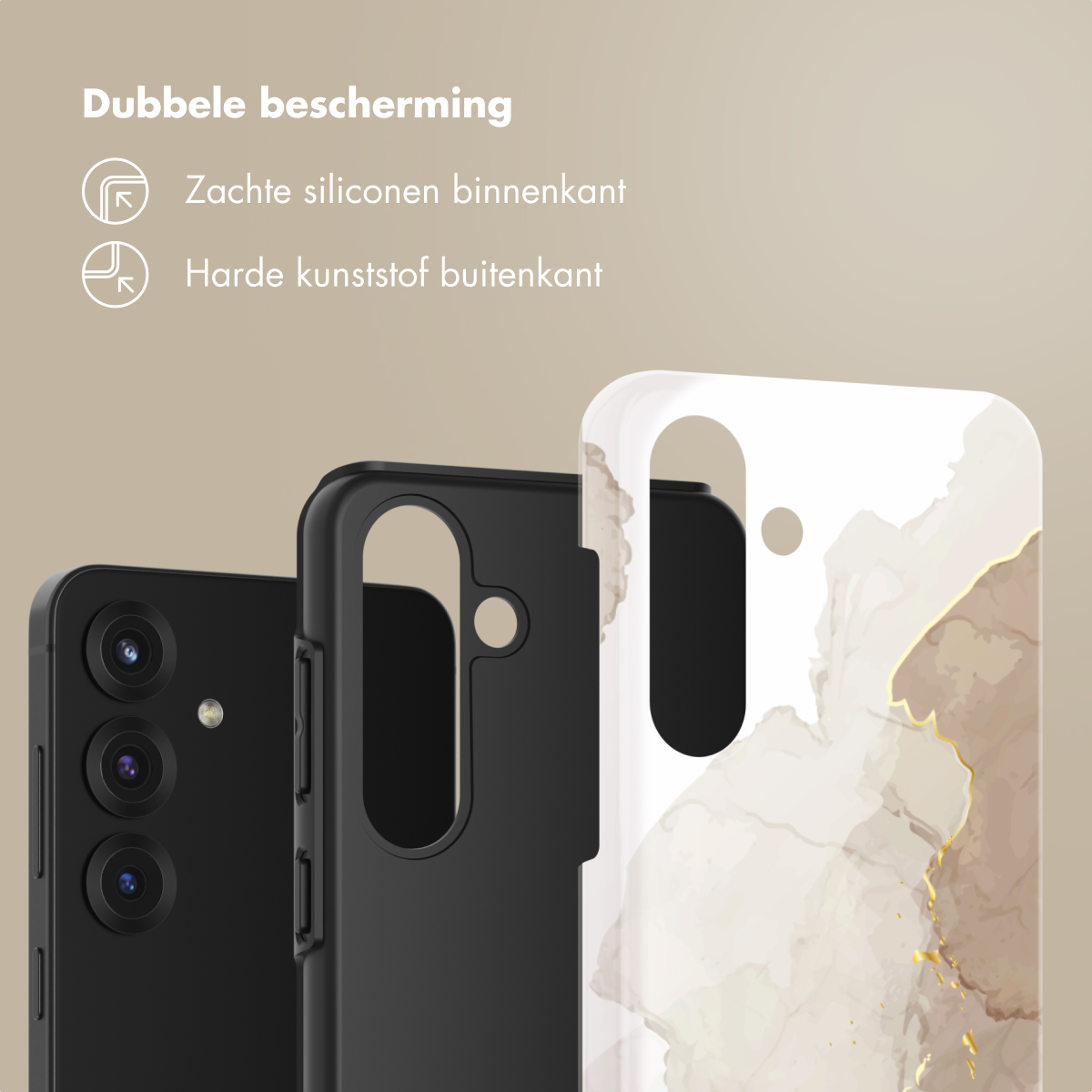 Close-up van telefoonhoesjes die dubbele bescherming bieden: zachte siliconen binnenkant en hard plastic buitenkant.
