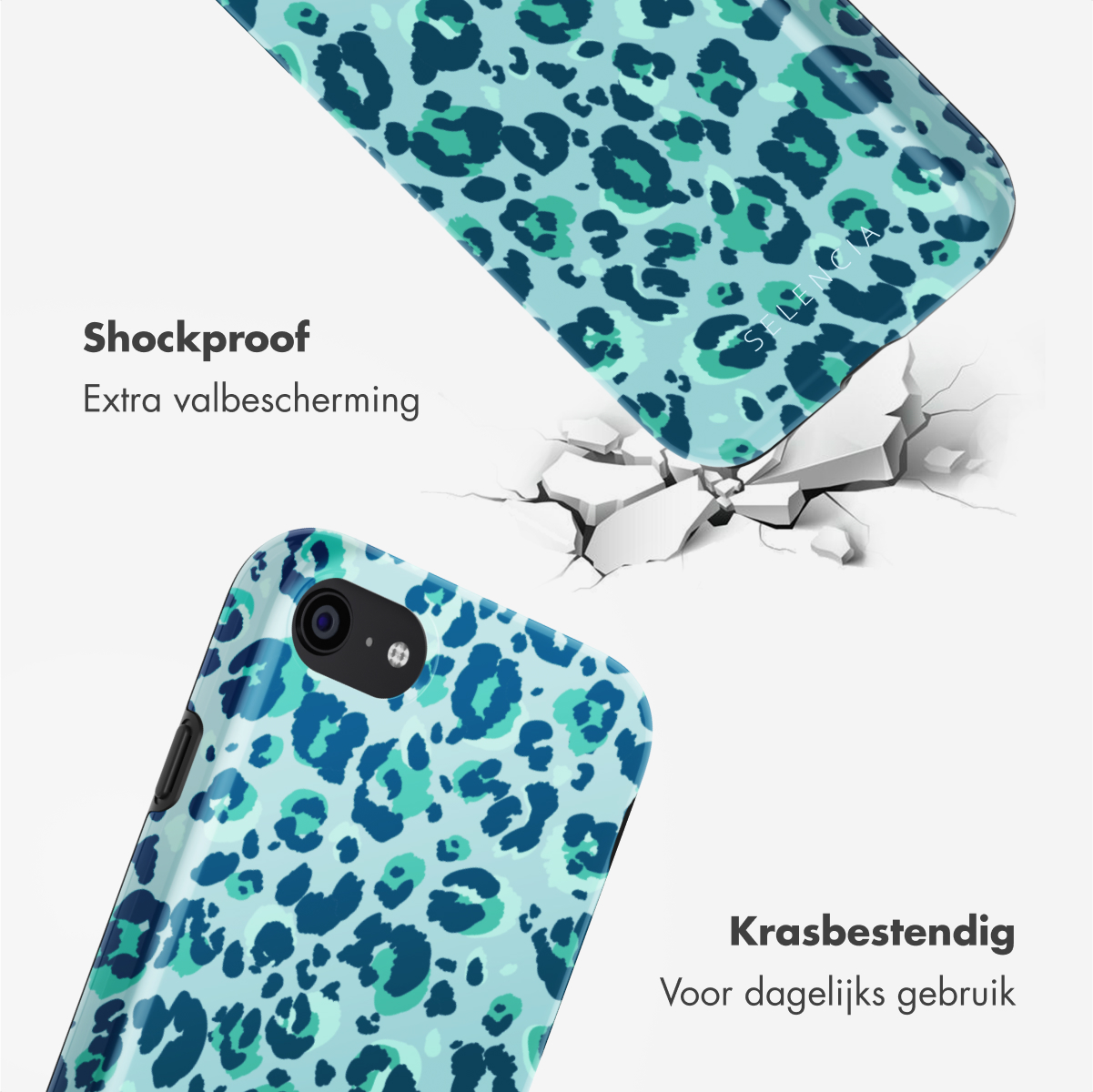 Een telefoonhoesje met een blauw luipaardprintontwerp dat breekt. Tekst: 'Schokbestendig. Extra bescherming'.