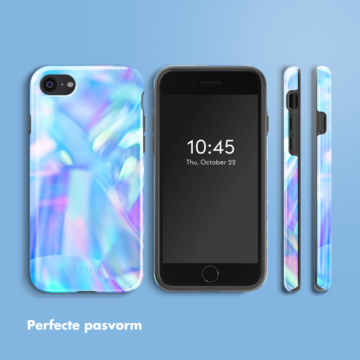 Telefoonhoesjes met een iriserend ontwerp. Telefoonscherm toont 10:45, 22 oktober.