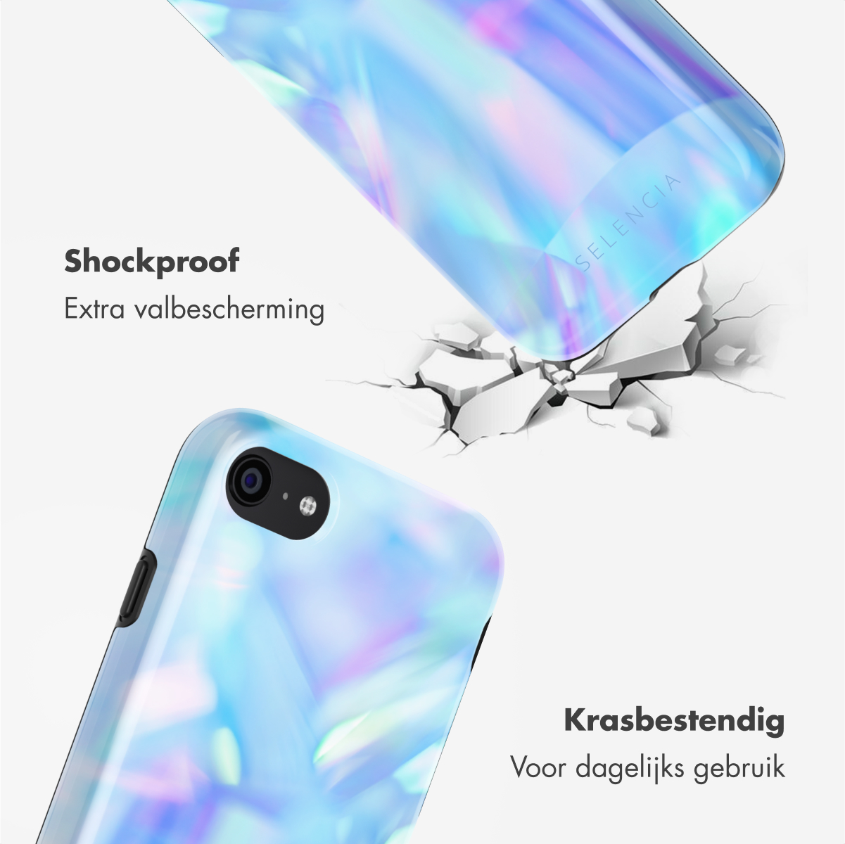 Telefoonhoes die een oppervlak breekt. Tekst: Schokbestendig. Extra valbescherming. Krasbestendig voor dagelijks gebruik.