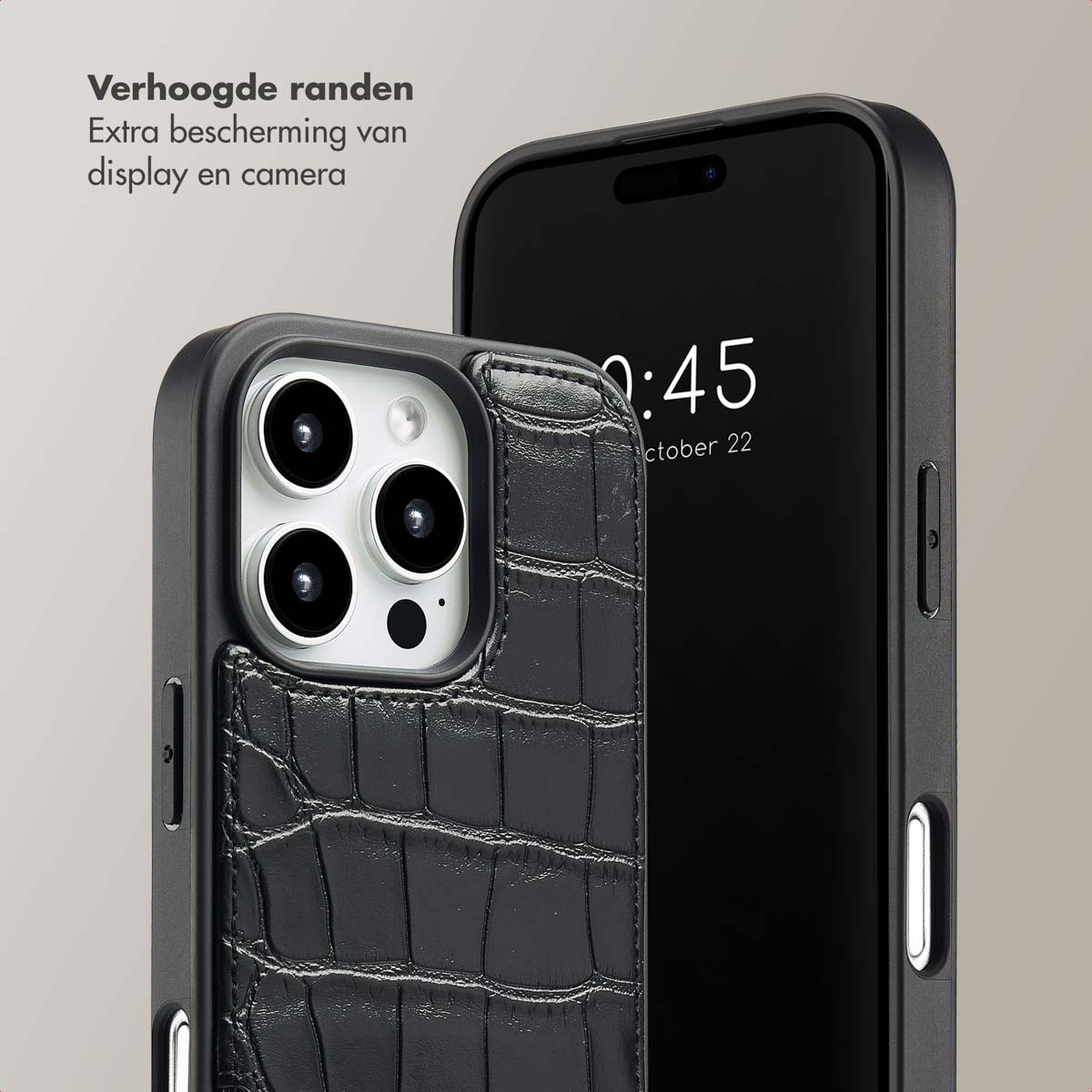 SELENCIA Nova Croco Backcover met koord en pashouder - Geschikt voor Apple iPhone 16 Pro - Telefoonhoesje voor Apple iPhone 16 Pro Zwart