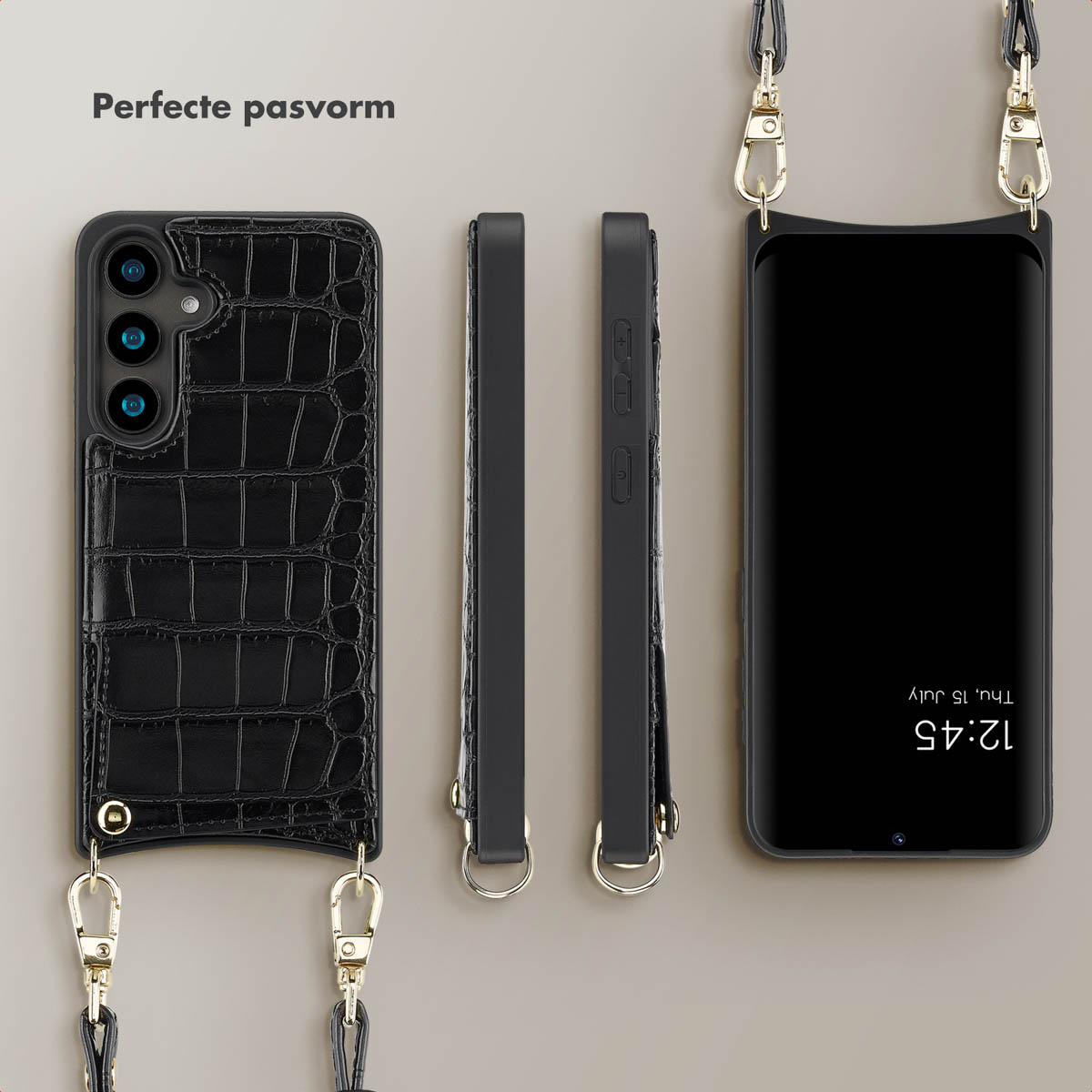 SELENCIA Nova Croco Backcover met koord en pashouder - Geschikt voor Samsung Galaxy S24 - Telefoonhoesje voor Samsung Samsung Galaxy S24 Zwart