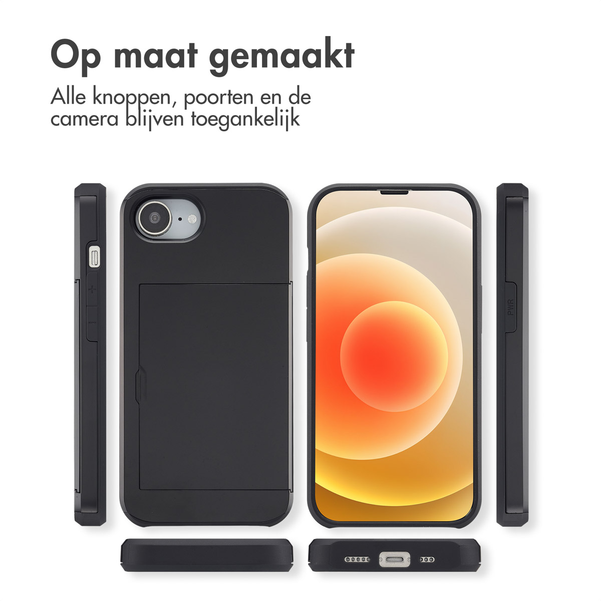 Zwarte telefoonhoes met een telefoon. Tekst: Op maat gemaakt. Alle knoppen, poorten en camera blijven toegankelijk.