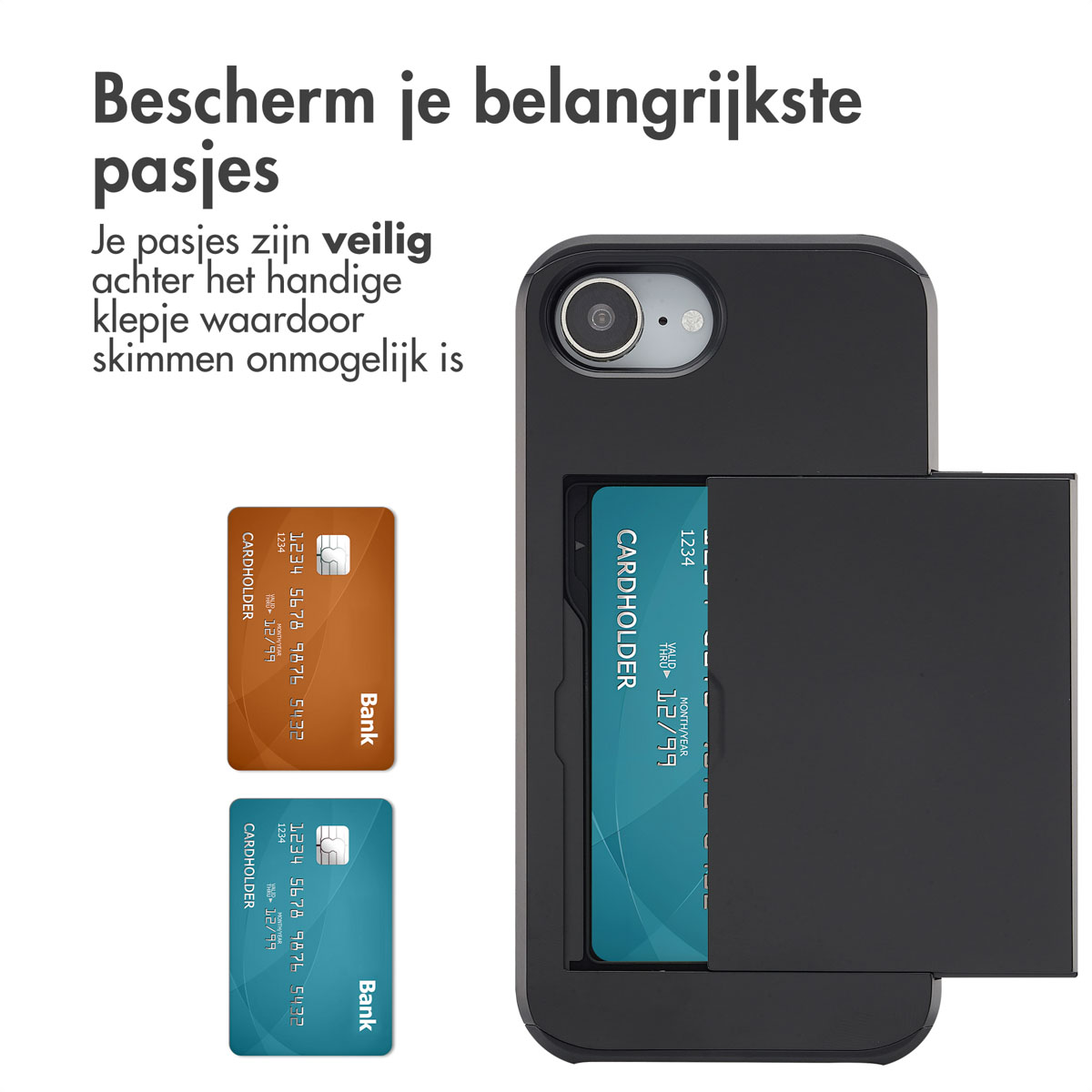 Zwarte telefoonhoes met kaarten, twee kaarten zichtbaar, oranje en turquoise.