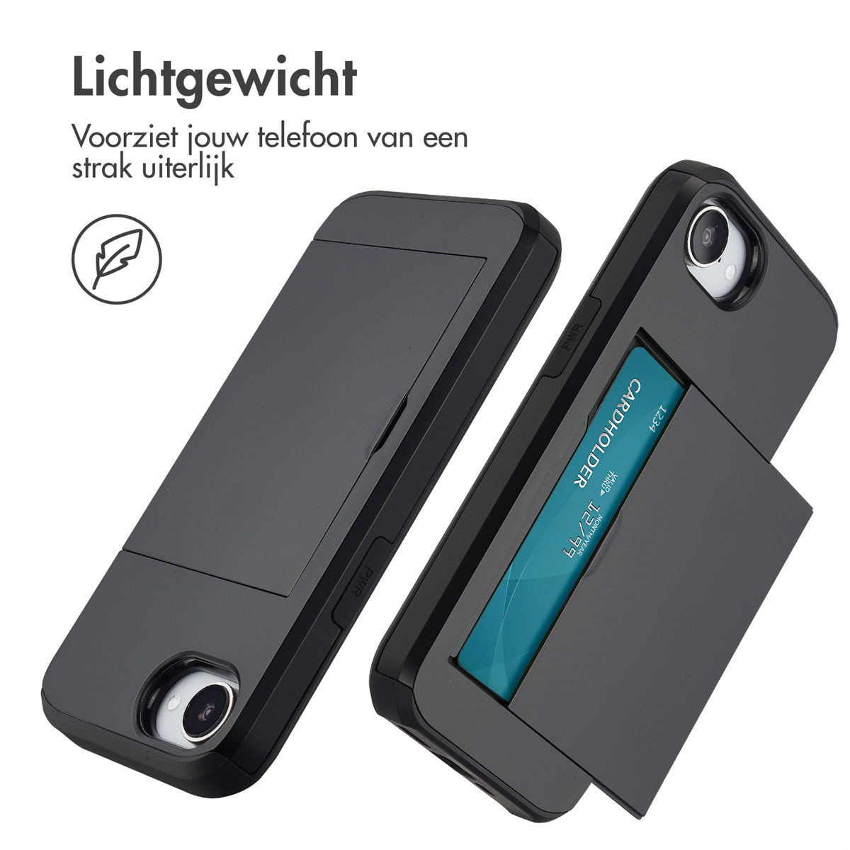 Twee telefoons: één met een kaarthouder en een andere zwarte. De kaarthouder is open met een kaart.