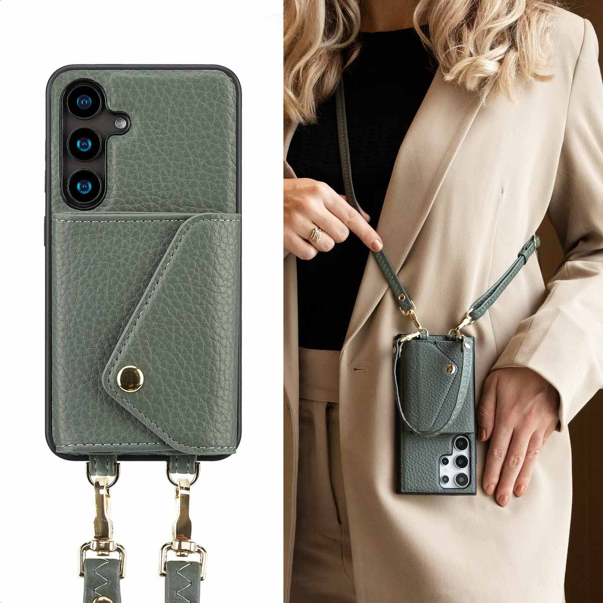 Een vrouw in een beige blazer die een groen telefoonhoesje met een riem vasthoudt. De telefoon heeft een kaartsleuf.