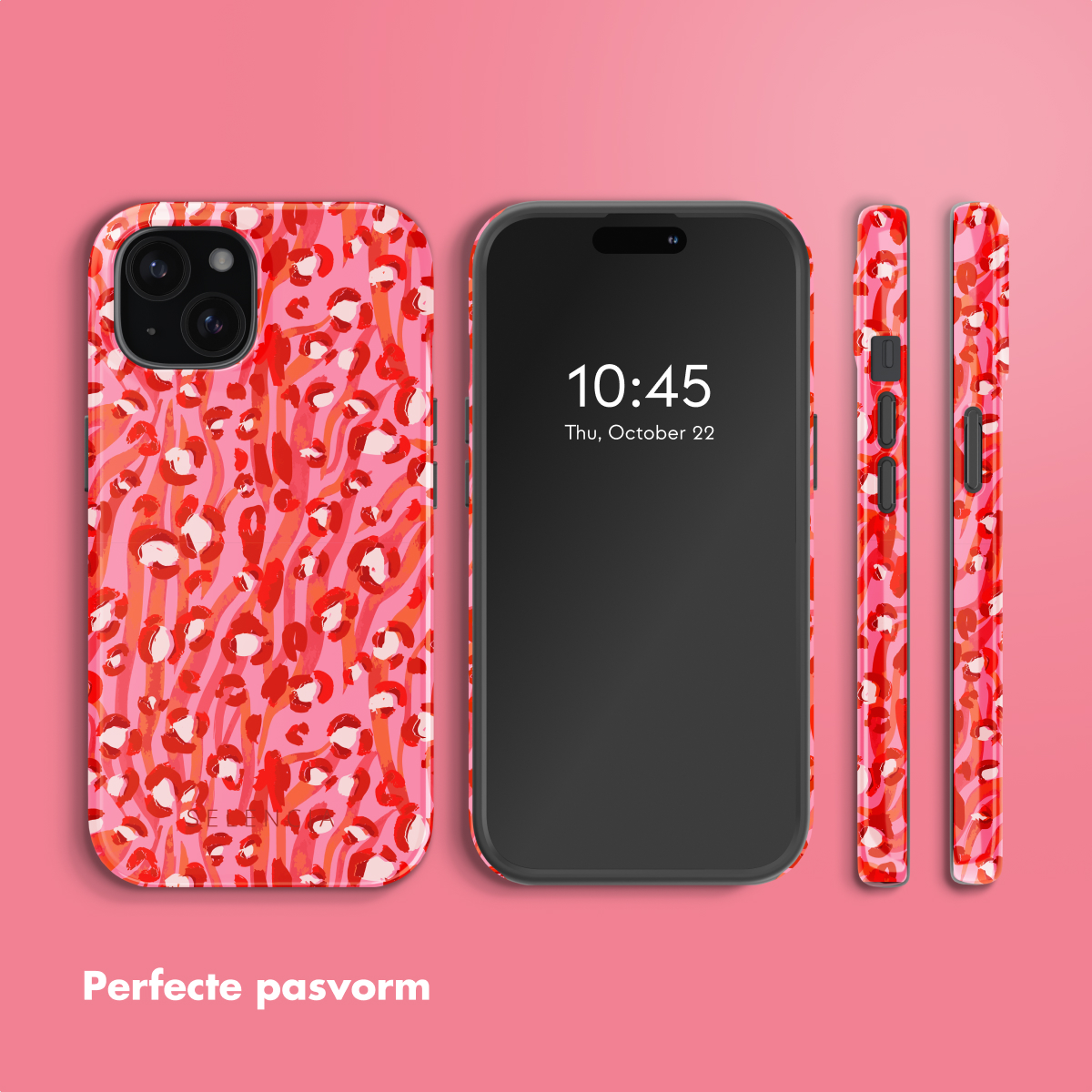 Pink phone case with red leopard print. A phone with a black screen is next to it. Pink background.
